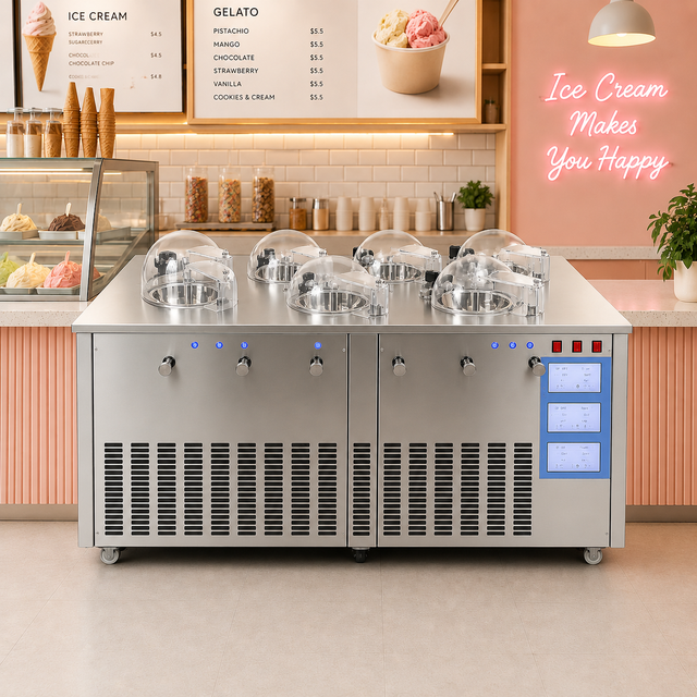 Multi Flavor Gelato Production Machine with 6 Independent Compressors and Automatic Cleaning
